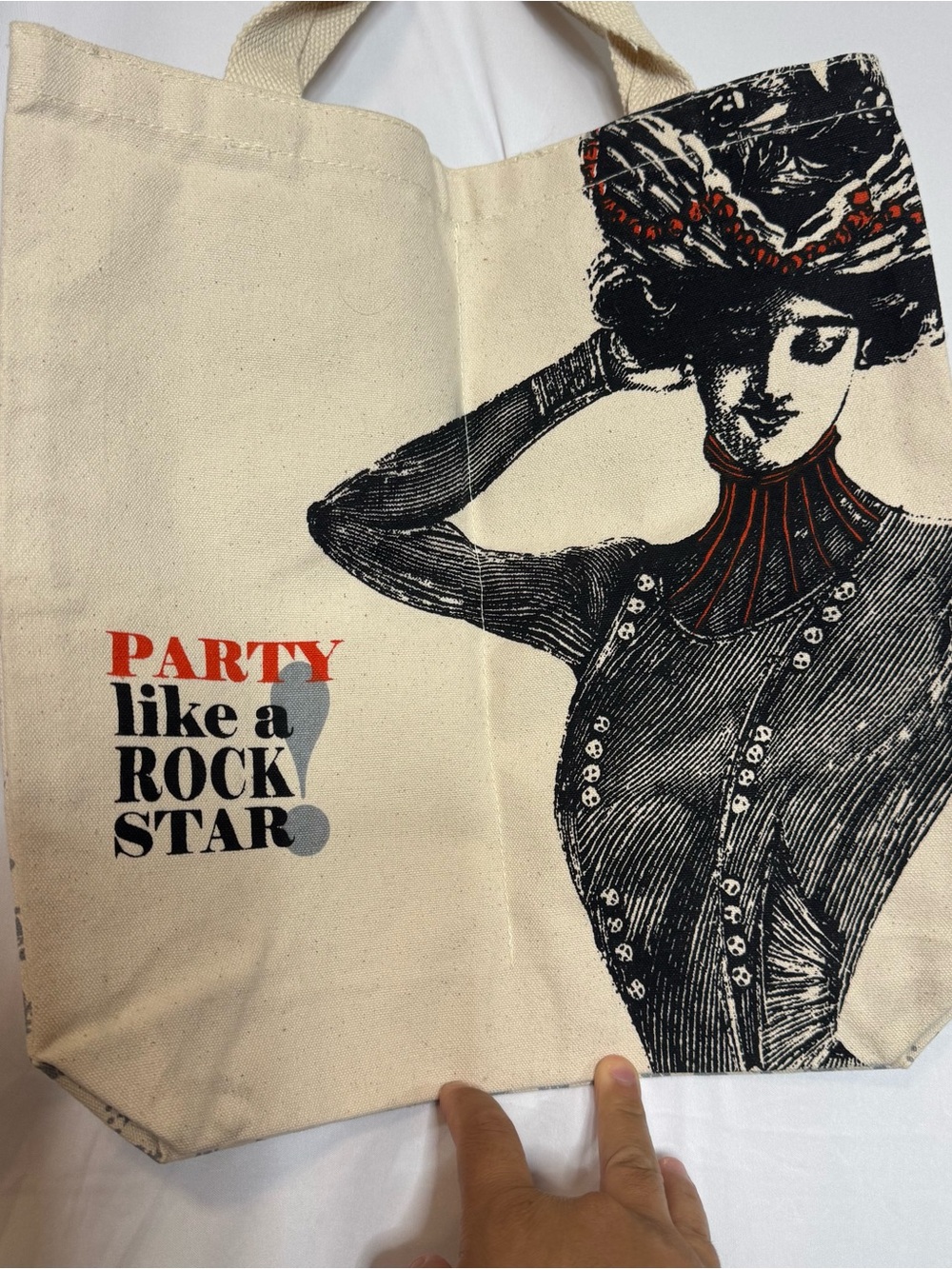JKC Canvas wine Tote Bag - 'Party Like a Rock Star' - Cream with Black & Red